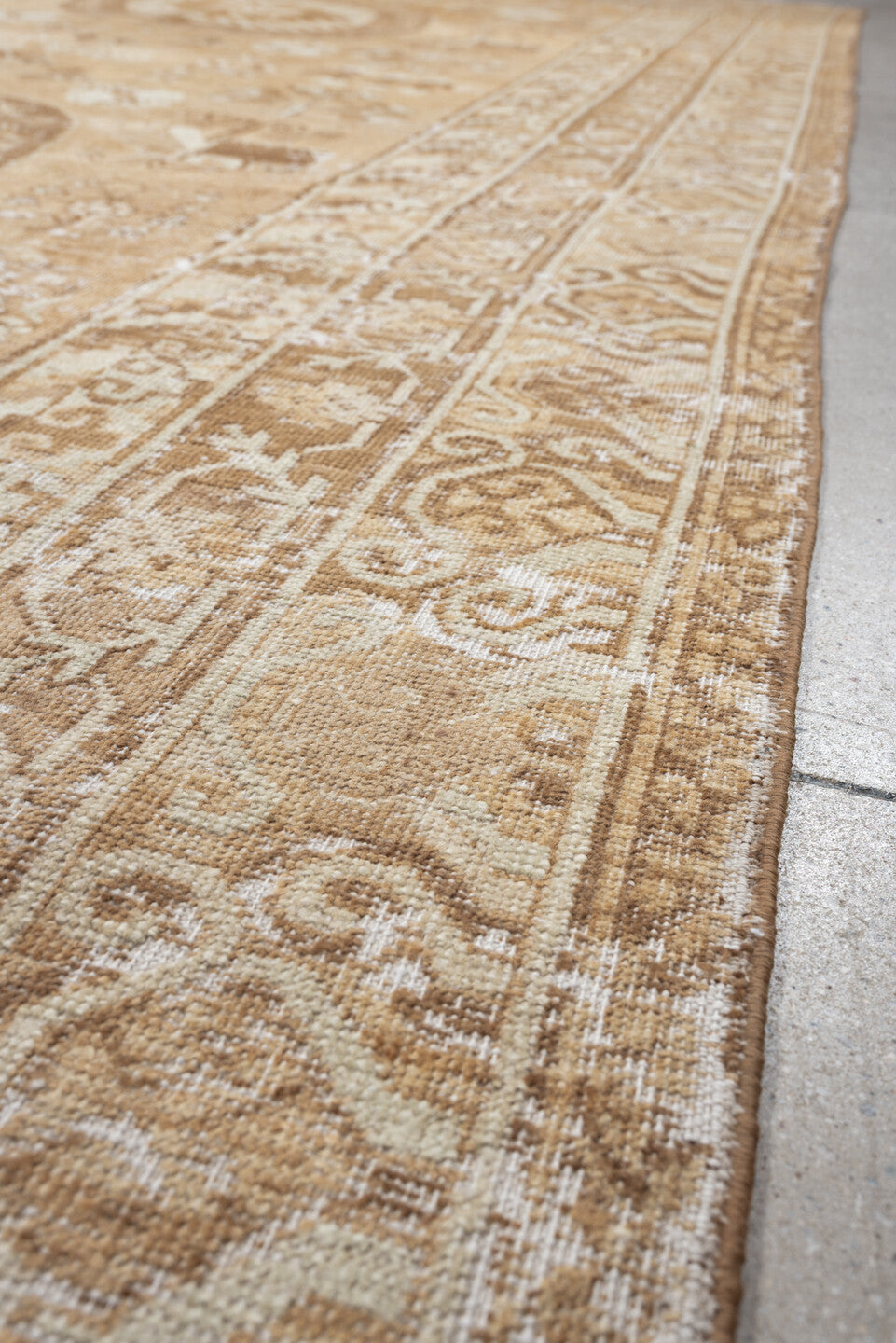 6' x 10' one-of-a-kind handmade antique Khotan large size rug. Color palette: camel, ivory, sand, taupe, beige, warm gray