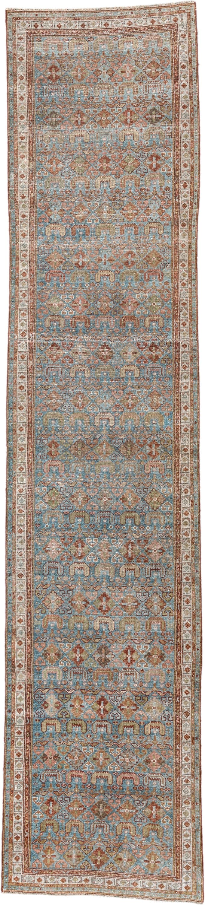 2' x 13' one-of-a-kind handmade antique Malayer runner rug. Color palette: turquoise, terracotta, ivory, camel, rust, sage