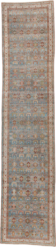 2' x 13' one-of-a-kind handmade antique Malayer runner rug. Color palette: turquoise, terracotta, ivory, camel, rust, sage