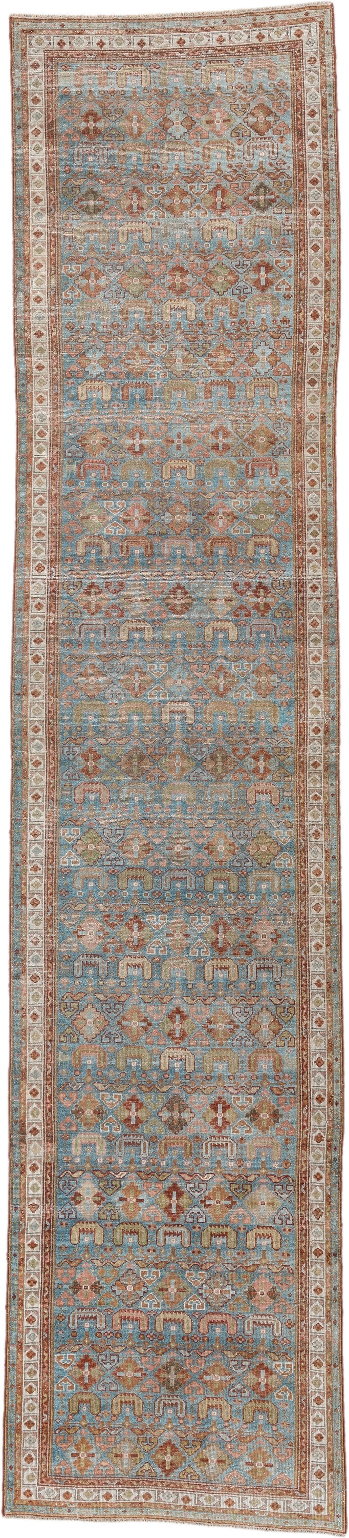 2' x 13' one-of-a-kind handmade antique Malayer runner rug. Color palette: turquoise, terracotta, ivory, camel, rust, sage