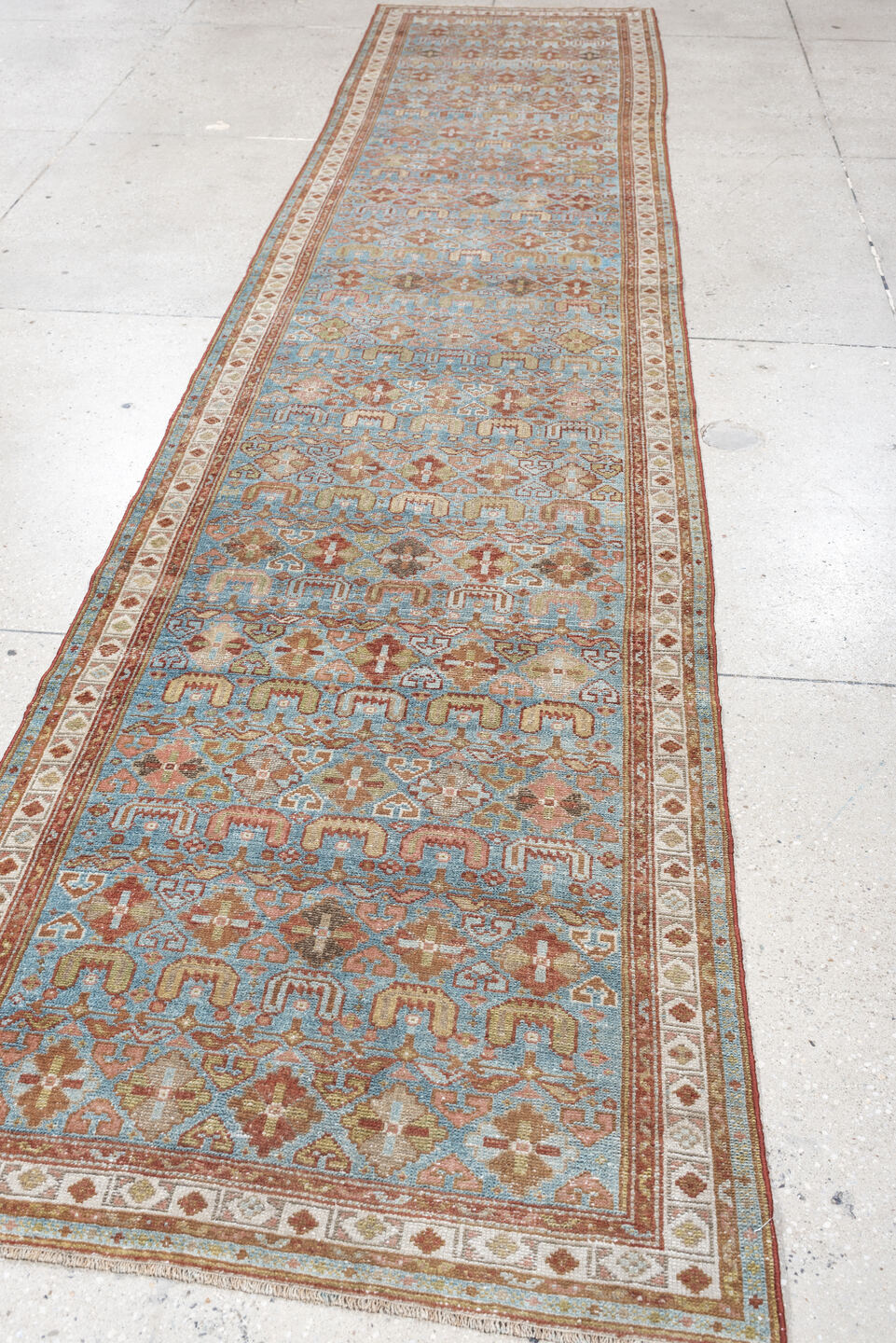 2' x 13' one-of-a-kind handmade antique Malayer runner rug. Color palette: turquoise, terracotta, ivory, camel, rust, sage