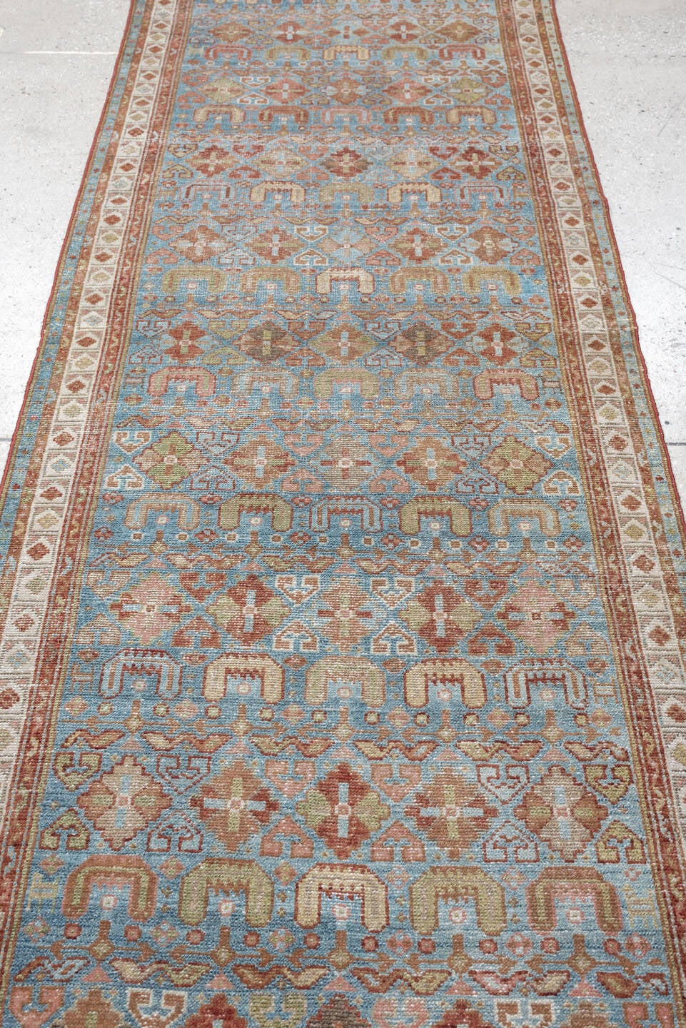 2' x 13' one-of-a-kind handmade antique Malayer runner rug. Color palette: turquoise, terracotta, ivory, camel, rust, sage