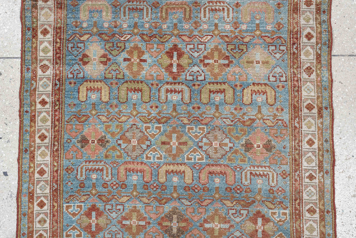 2' x 13' one-of-a-kind handmade antique Malayer runner rug. Color palette: turquoise, terracotta, ivory, camel, rust, sage