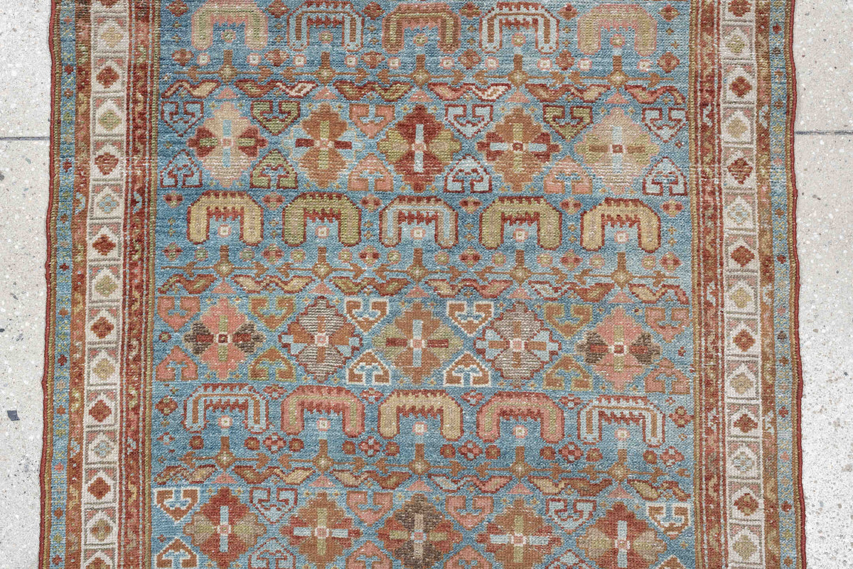 2' x 13' one-of-a-kind handmade antique Malayer runner rug. Color palette: turquoise, terracotta, ivory, camel, rust, sage