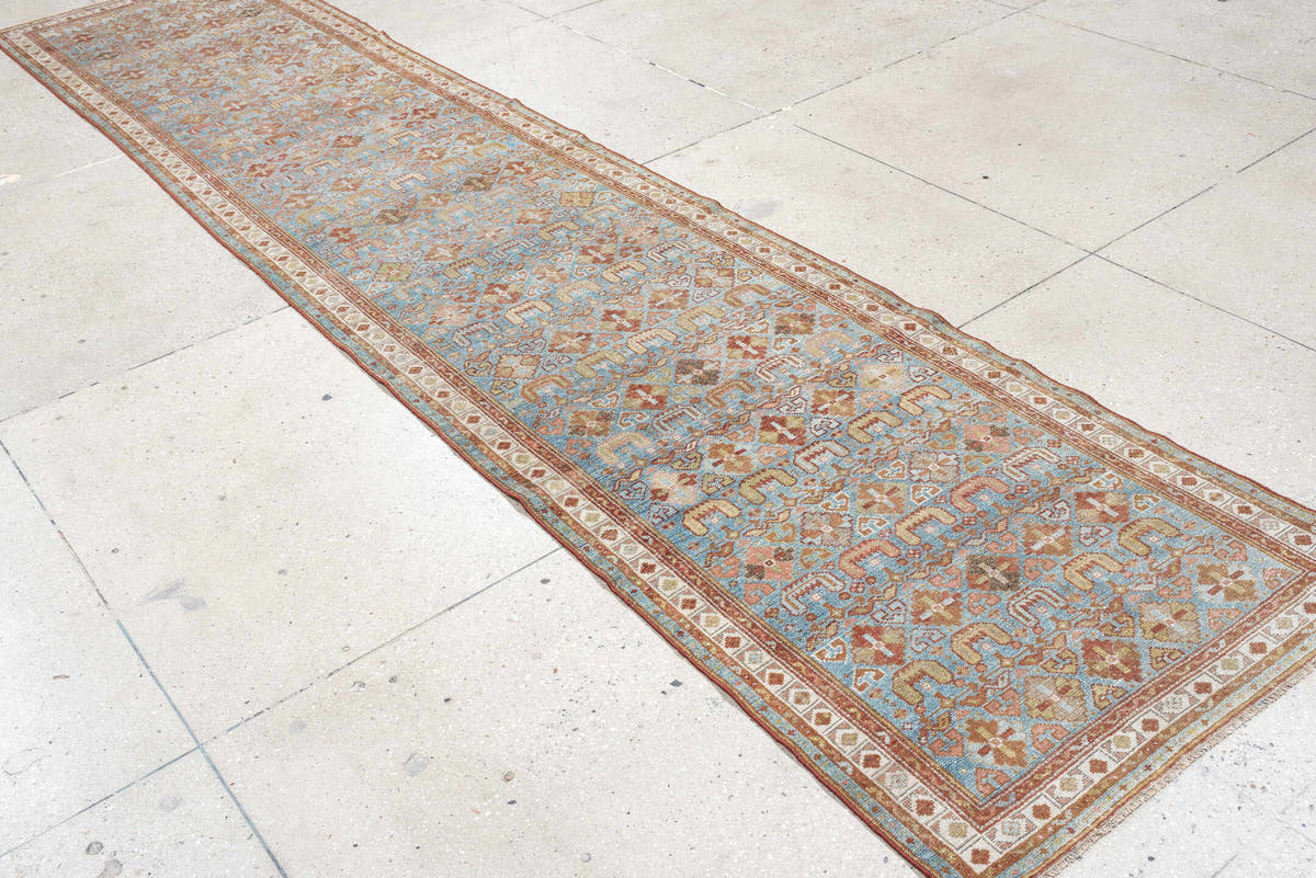 2' x 13' one-of-a-kind handmade antique Malayer runner rug. Color palette: turquoise, terracotta, ivory, camel, rust, sage