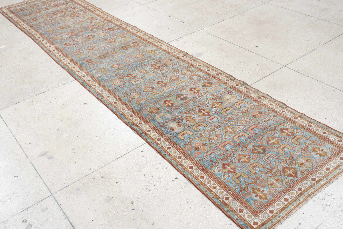 2' x 13' one-of-a-kind handmade antique Malayer runner rug. Color palette: turquoise, terracotta, ivory, camel, rust, sage