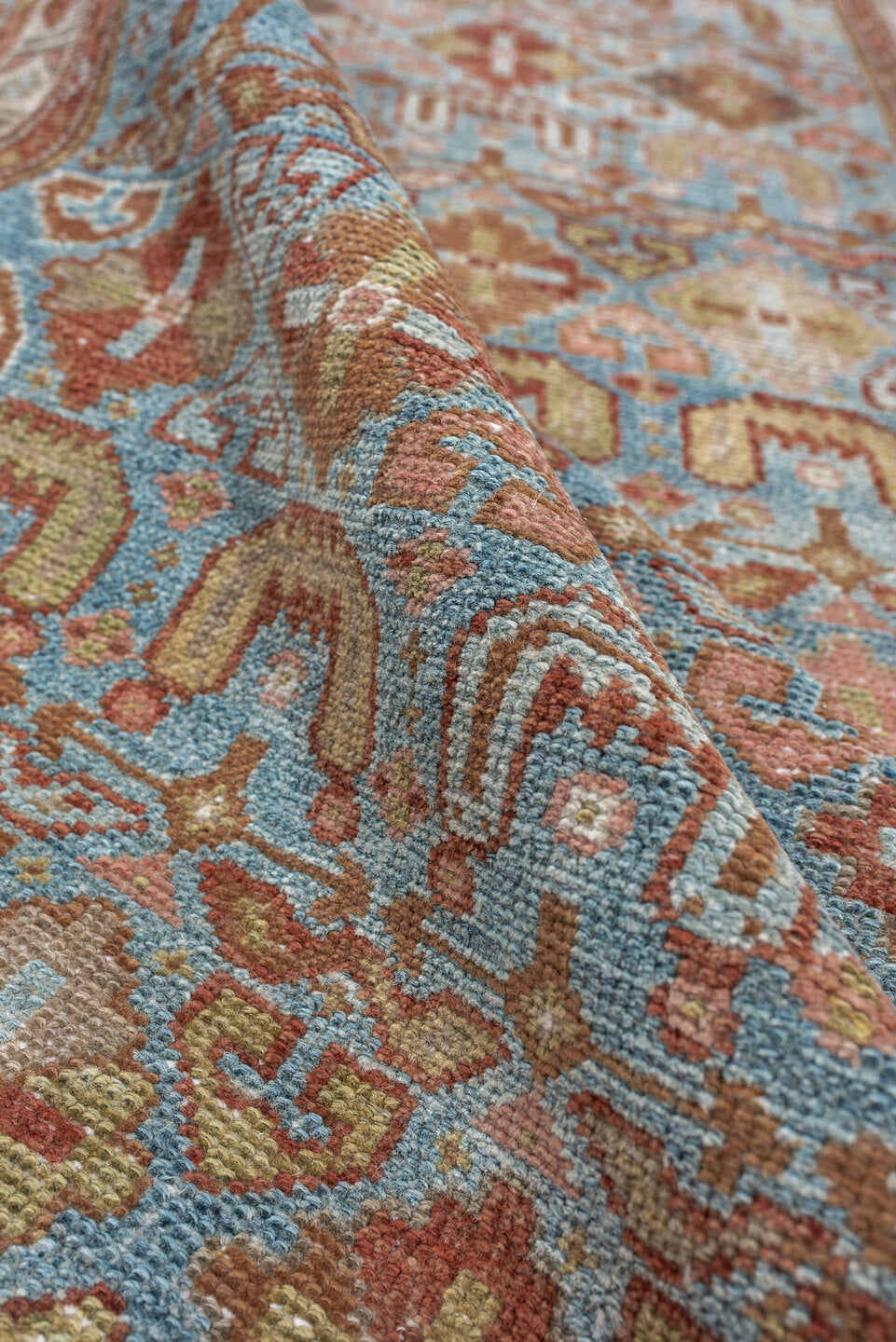 2' x 13' one-of-a-kind handmade antique Malayer runner rug. Color palette: turquoise, terracotta, ivory, camel, rust, sage