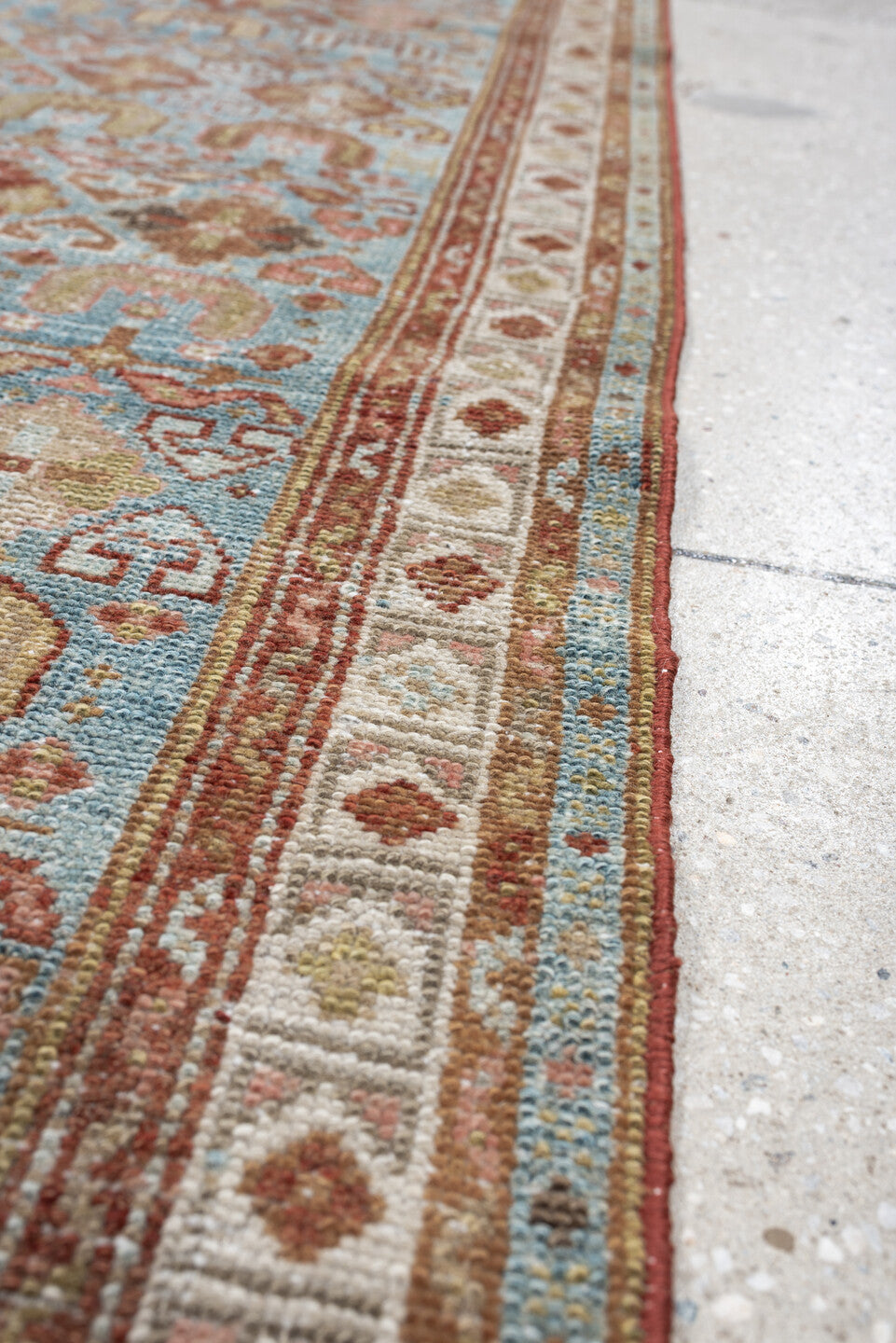 2' x 13' one-of-a-kind handmade antique Malayer runner rug. Color palette: turquoise, terracotta, ivory, camel, rust, sage