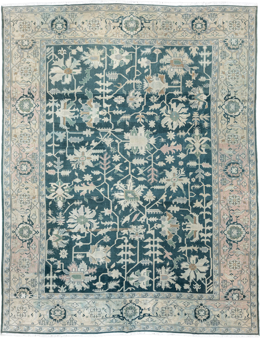 10' x 12' one-of-a-kind handmade antique Sparta large size rug. Color palette: teal, ivory, sage, taupe, pale blush