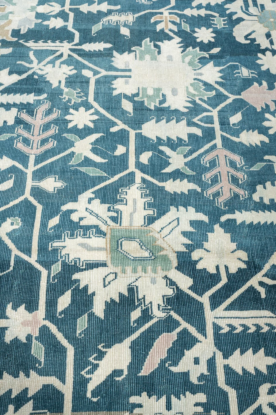 10' x 12' one-of-a-kind handmade antique Sparta large size rug. Color palette: teal, ivory, sage, taupe, pale blush