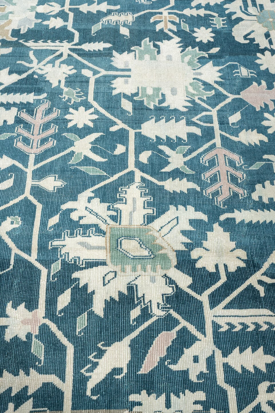 10' x 12' one-of-a-kind handmade antique Sparta large size rug. Color palette: teal, ivory, sage, taupe, pale blush