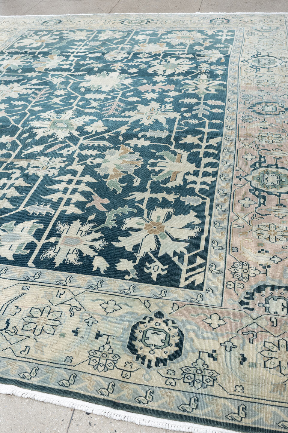 10' x 12' one-of-a-kind handmade antique Sparta large size rug. Color palette: teal, ivory, sage, taupe, pale blush