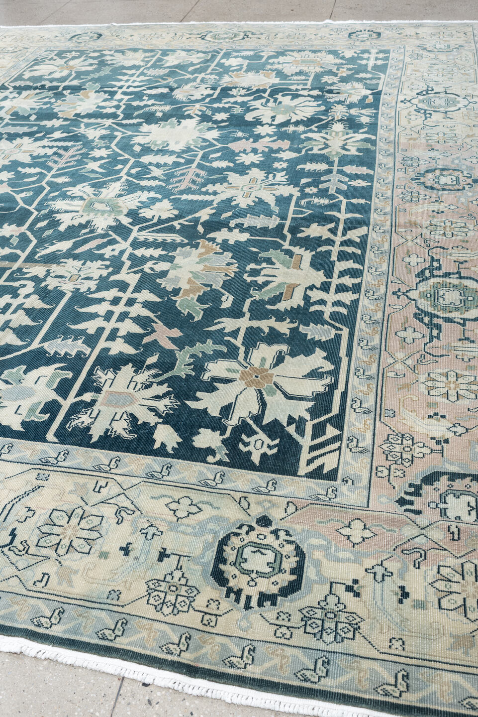10' x 12' one-of-a-kind handmade antique Sparta large size rug. Color palette: teal, ivory, sage, taupe, pale blush
