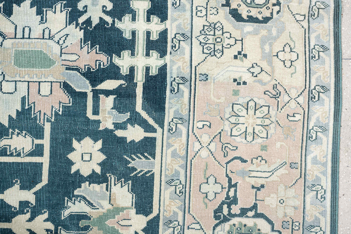 10' x 12' one-of-a-kind handmade antique Sparta large size rug. Color palette: teal, ivory, sage, taupe, pale blush
