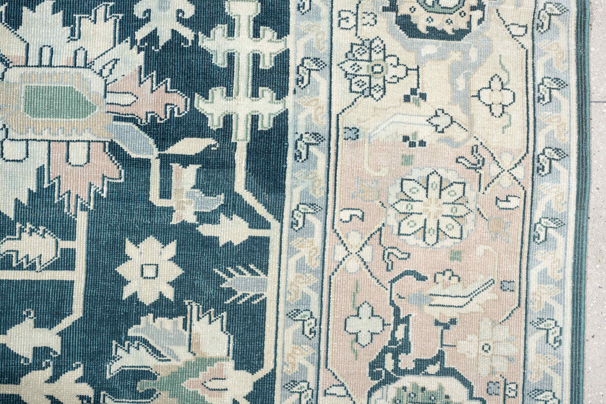 10' x 12' one-of-a-kind handmade antique Sparta large size rug. Color palette: teal, ivory, sage, taupe, pale blush