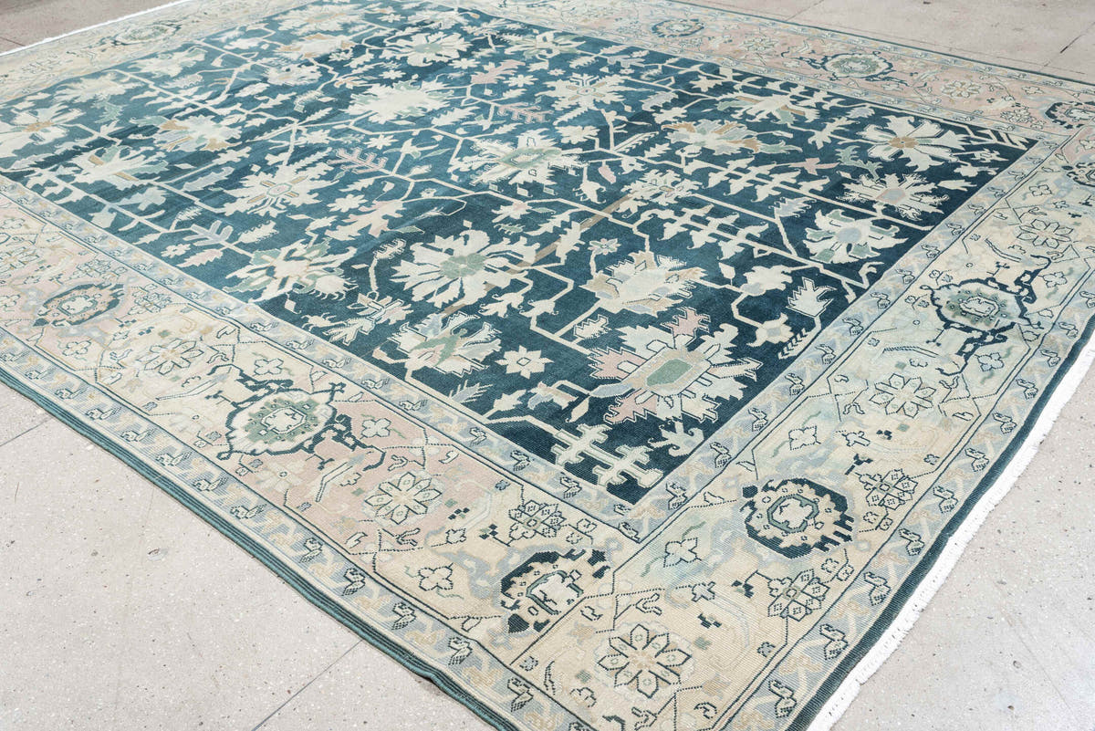 10' x 12' one-of-a-kind handmade antique Sparta large size rug. Color palette: teal, ivory, sage, taupe, pale blush
