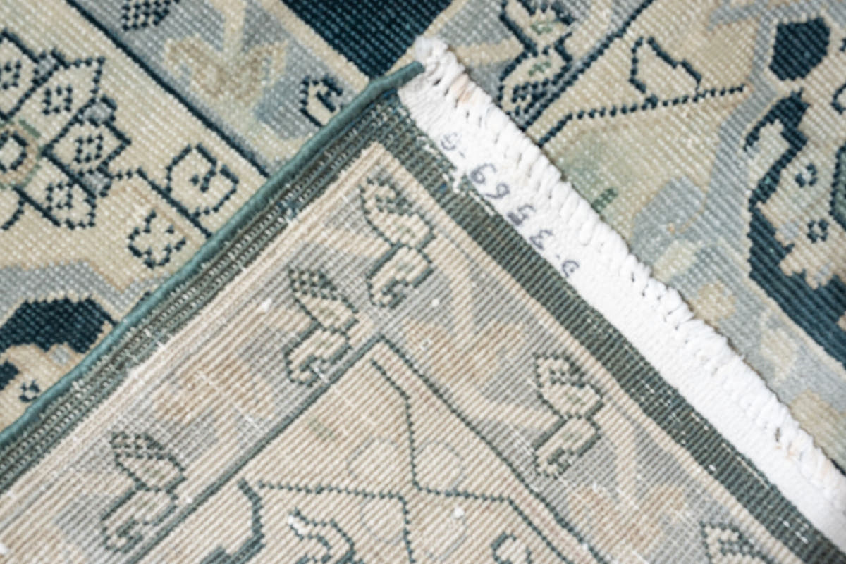 10' x 12' one-of-a-kind handmade antique Sparta large size rug. Color palette: teal, ivory, sage, taupe, pale blush