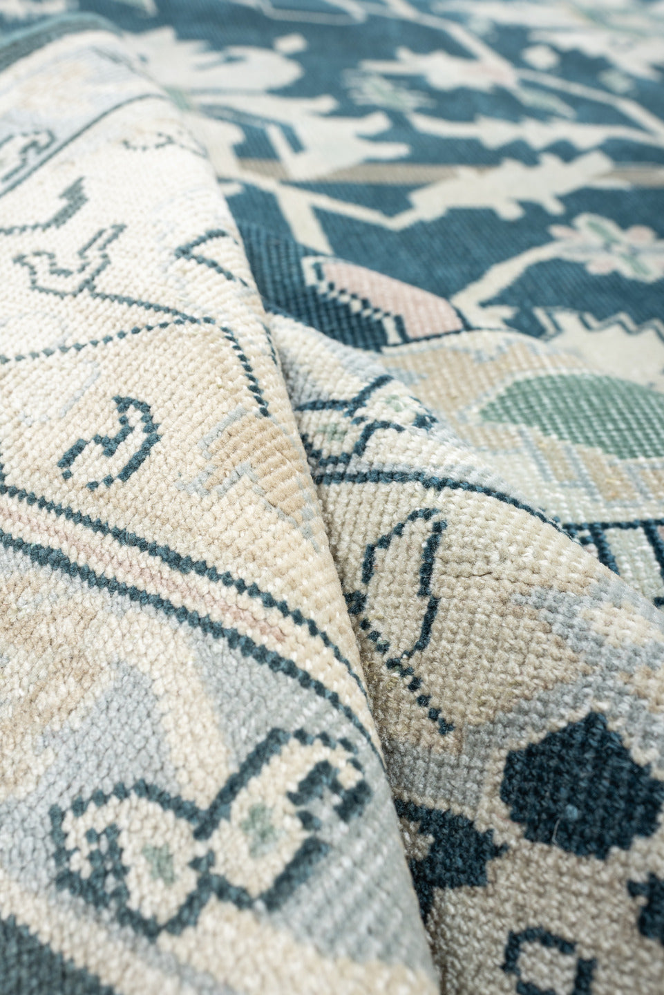 10' x 12' one-of-a-kind handmade antique Sparta large size rug. Color palette: teal, ivory, sage, taupe, pale blush