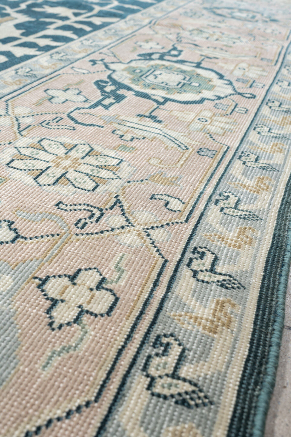 10' x 12' one-of-a-kind handmade antique Sparta large size rug. Color palette: teal, ivory, sage, taupe, pale blush