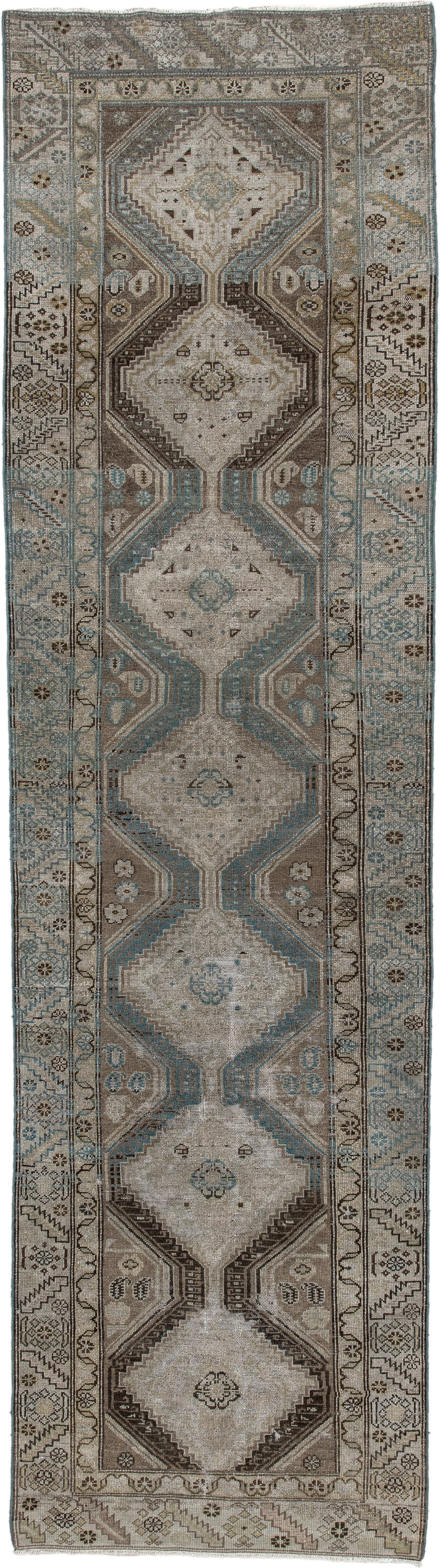 3' x 11' one-of-a-kind handmade antique Malayer runner rug. Color palette: ivory, taupe, sky blue, brown, camel, charcoal