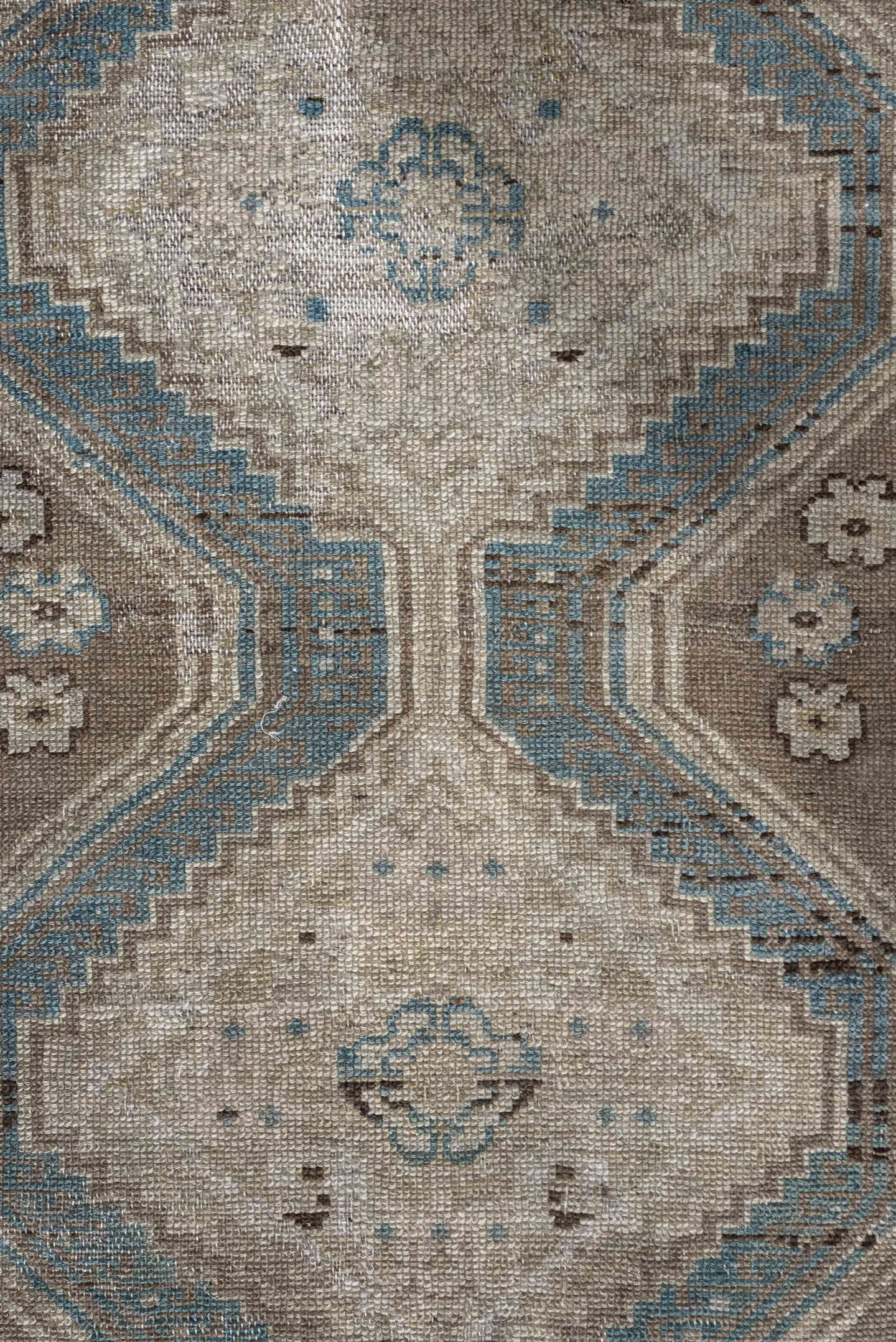 3' x 11' one-of-a-kind handmade antique Malayer runner rug. Color palette: ivory, taupe, sky blue, brown, camel, charcoal