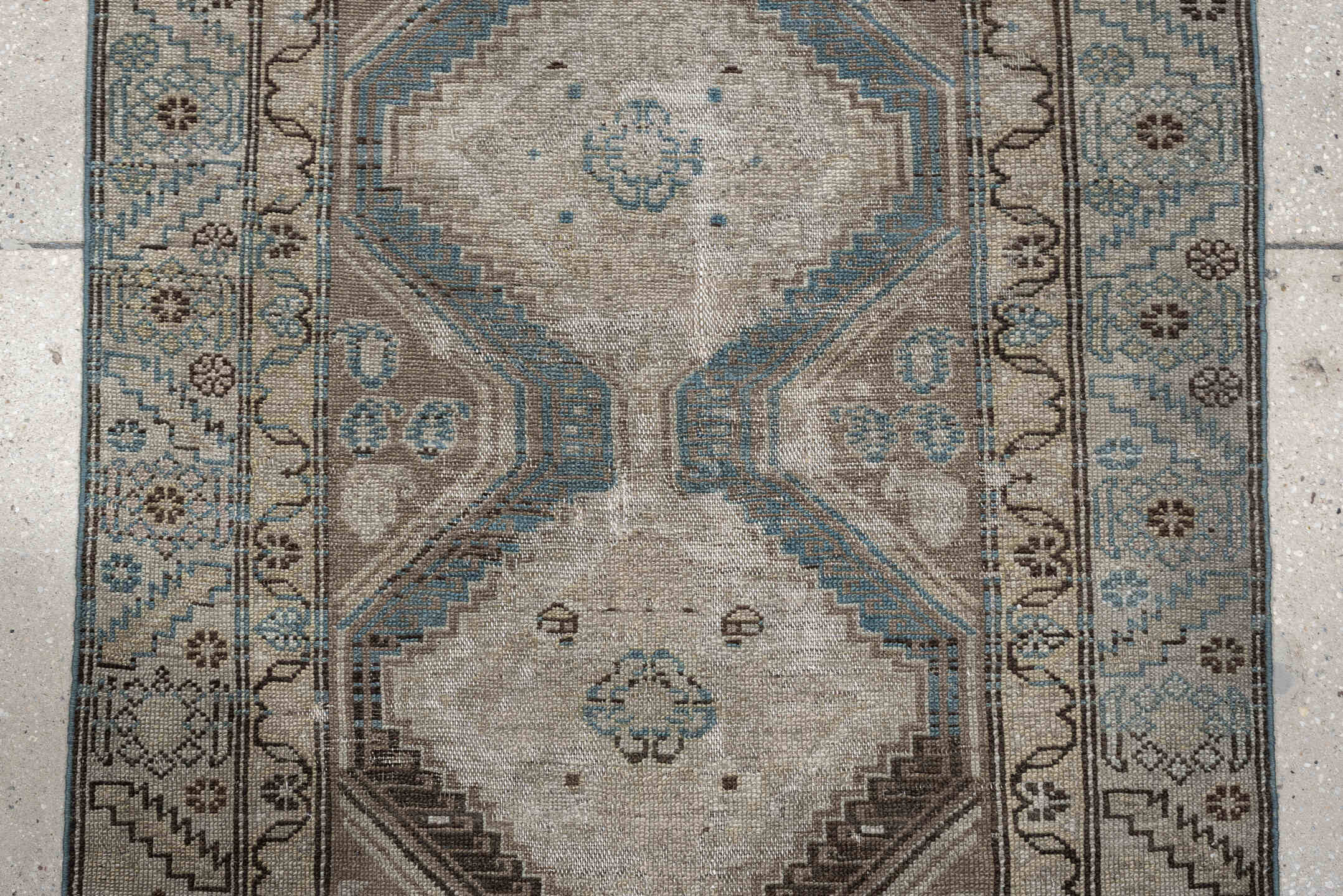 3' x 11' one-of-a-kind handmade antique Malayer runner rug. Color palette: ivory, taupe, sky blue, brown, camel, charcoal