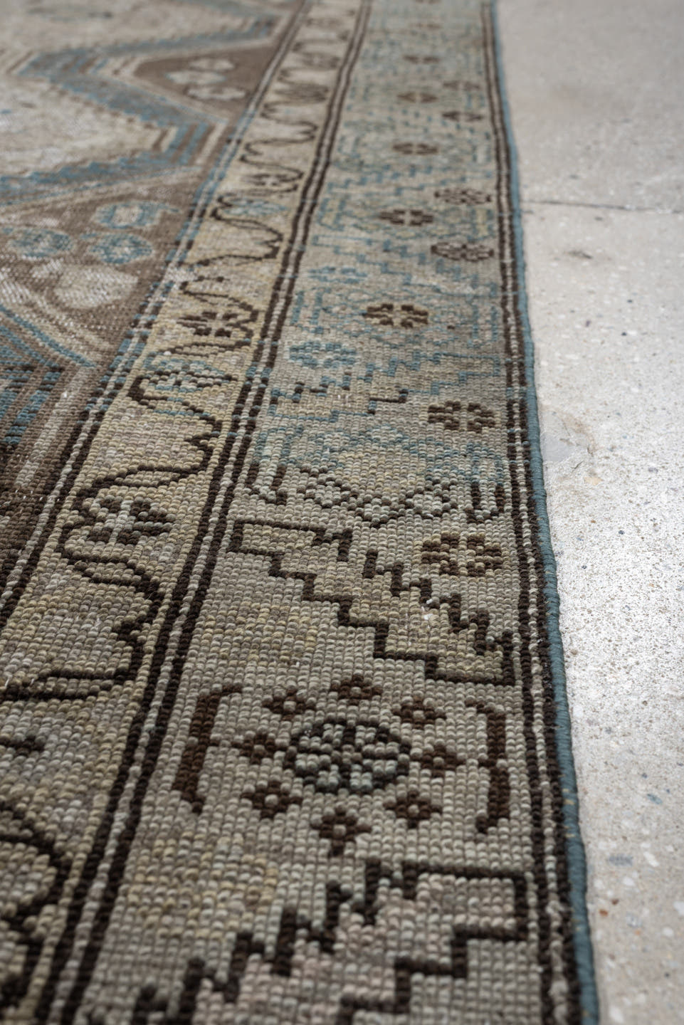 3' x 11' one-of-a-kind handmade antique Malayer runner rug. Color palette: ivory, taupe, sky blue, brown, camel, charcoal