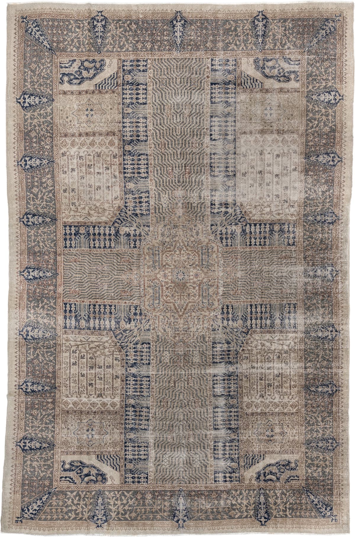 9' x 15' one-of-a-kind handmade vintage Sparta rug. Color palette: ivory, taupe, slate blue, charcoal, beige, navy, camel