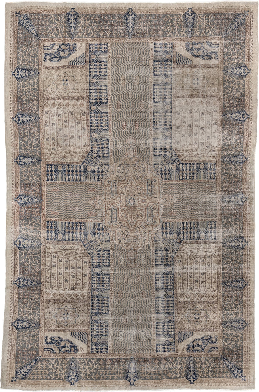 9' x 15' one-of-a-kind handmade vintage Sparta rug. Color palette: ivory, taupe, slate blue, charcoal, beige, navy, camel
