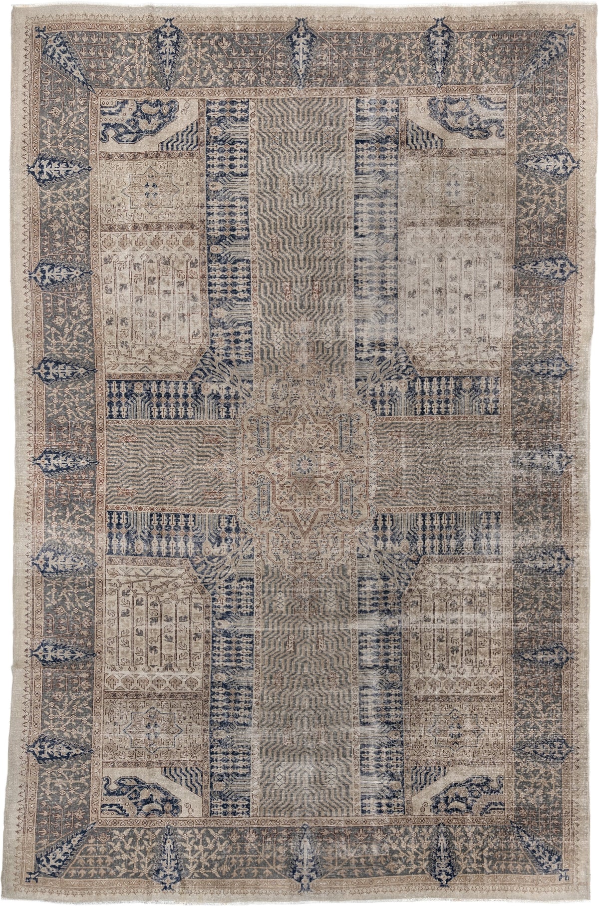 9' x 15' one-of-a-kind handmade vintage Sparta rug. Color palette: ivory, taupe, slate blue, charcoal, beige, navy, camel