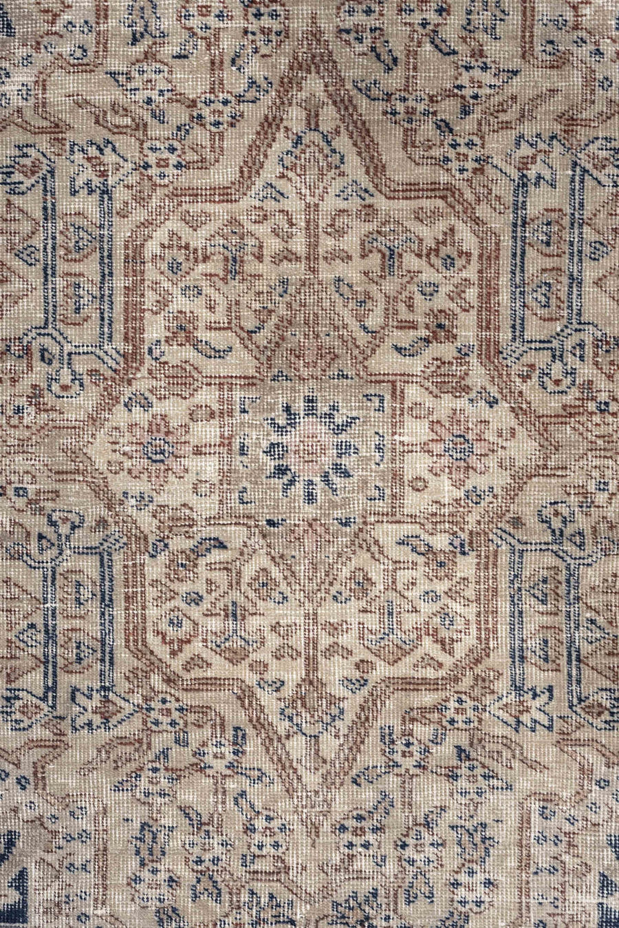 9' x 15' one-of-a-kind handmade vintage Sparta rug. Color palette: ivory, taupe, slate blue, charcoal, beige, navy, camel