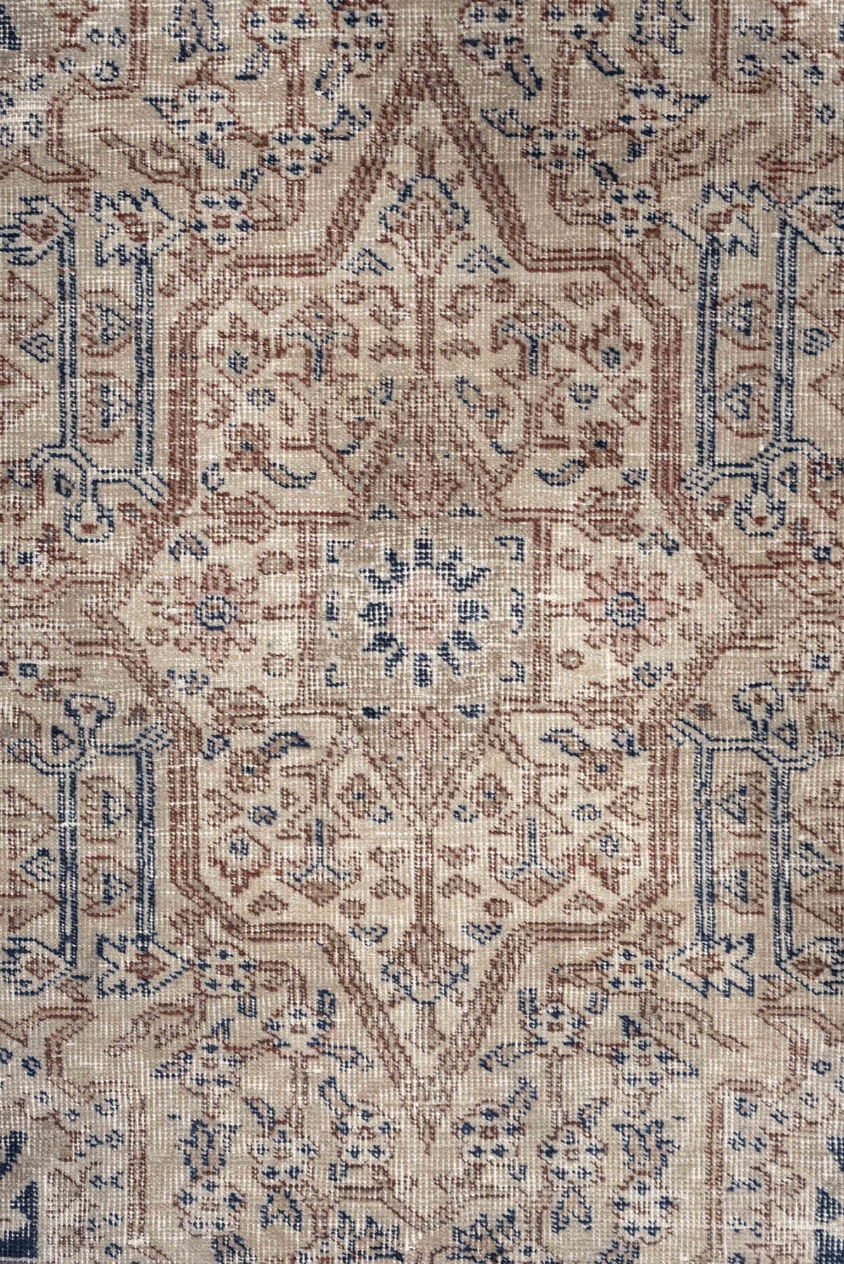 9' x 15' one-of-a-kind handmade vintage Sparta rug. Color palette: ivory, taupe, slate blue, charcoal, beige, navy, camel