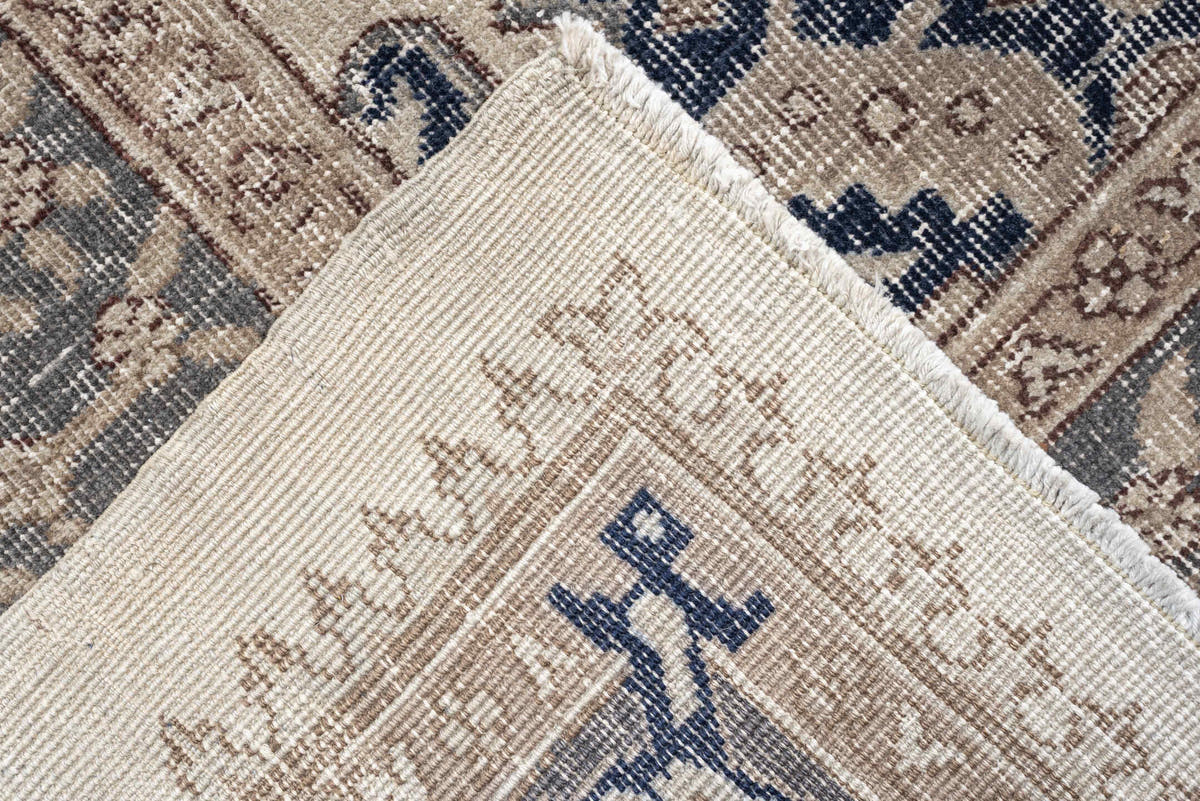 9' x 15' one-of-a-kind handmade vintage Sparta rug. Color palette: ivory, taupe, slate blue, charcoal, beige, navy, camel