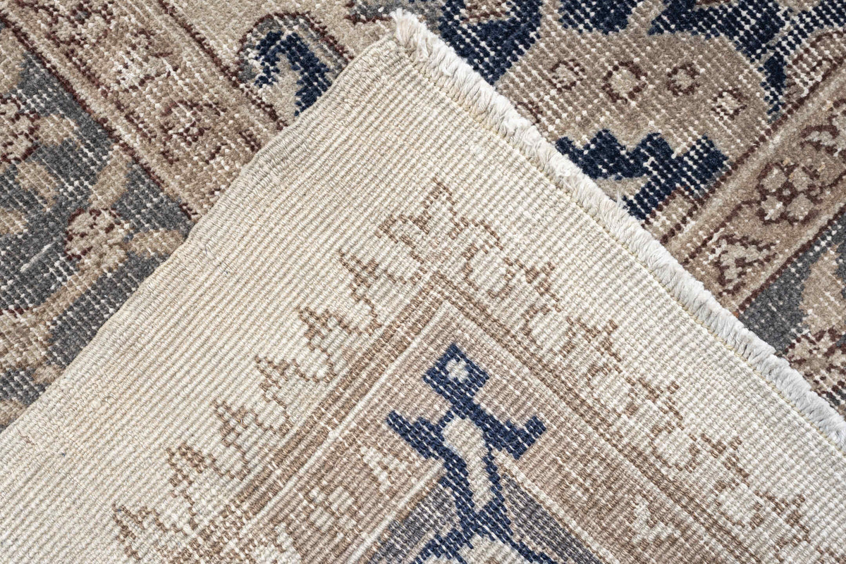 9' x 15' one-of-a-kind handmade vintage Sparta rug. Color palette: ivory, taupe, slate blue, charcoal, beige, navy, camel