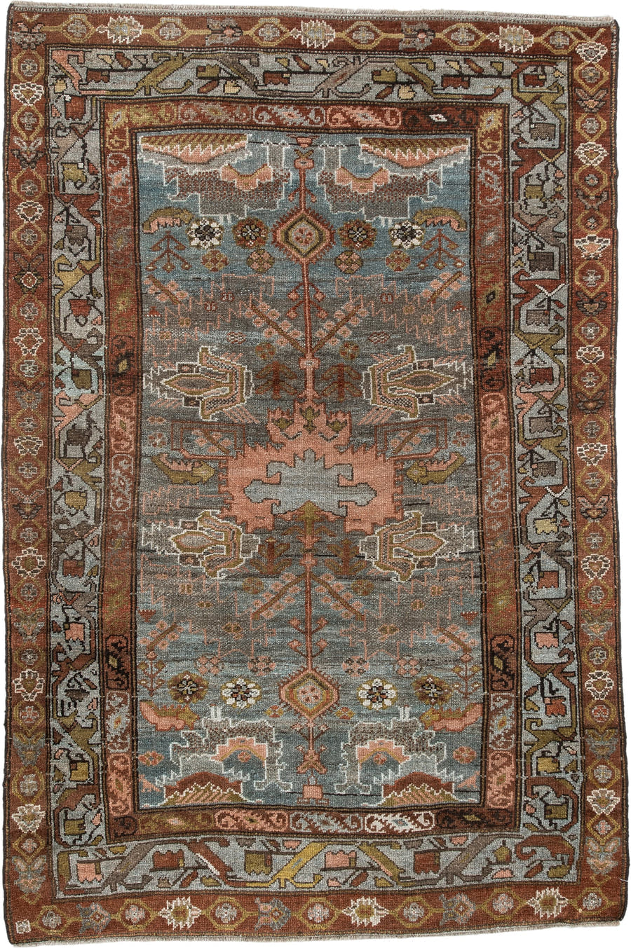 4' x 6' one-of-a-kind handmade antique Baktiary rug. Color palette: blue gray, rust, ivory, rose, taupe, camel, olive, brown