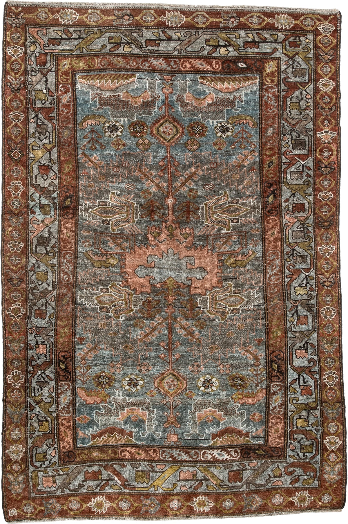 4' x 6' one-of-a-kind handmade antique Baktiary rug. Color palette: blue gray, rust, ivory, rose, taupe, camel, olive, brown