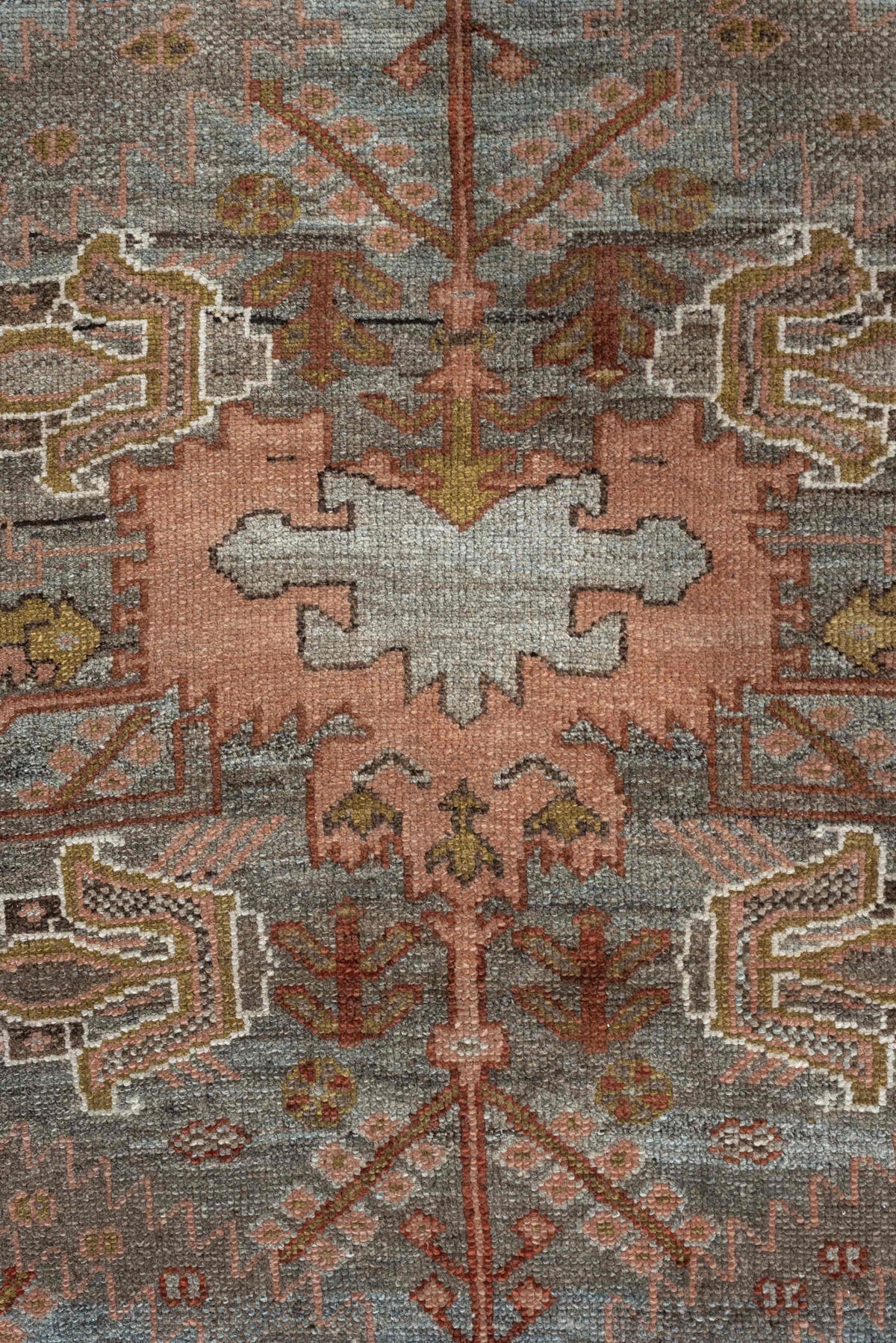 4' x 6' one-of-a-kind handmade antique Baktiary rug. Color palette: blue gray, rust, ivory, rose, taupe, camel, olive, brown