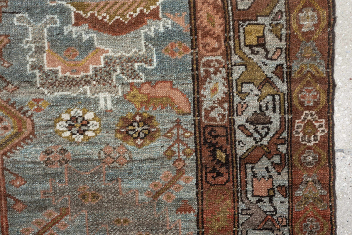 4' x 6' one-of-a-kind handmade antique Baktiary rug. Color palette: blue gray, rust, ivory, rose, taupe, camel, olive, brown