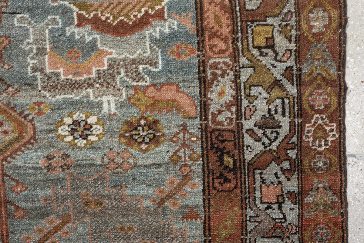 4' x 6' one-of-a-kind handmade antique Baktiary rug. Color palette: blue gray, rust, ivory, rose, taupe, camel, olive, brown