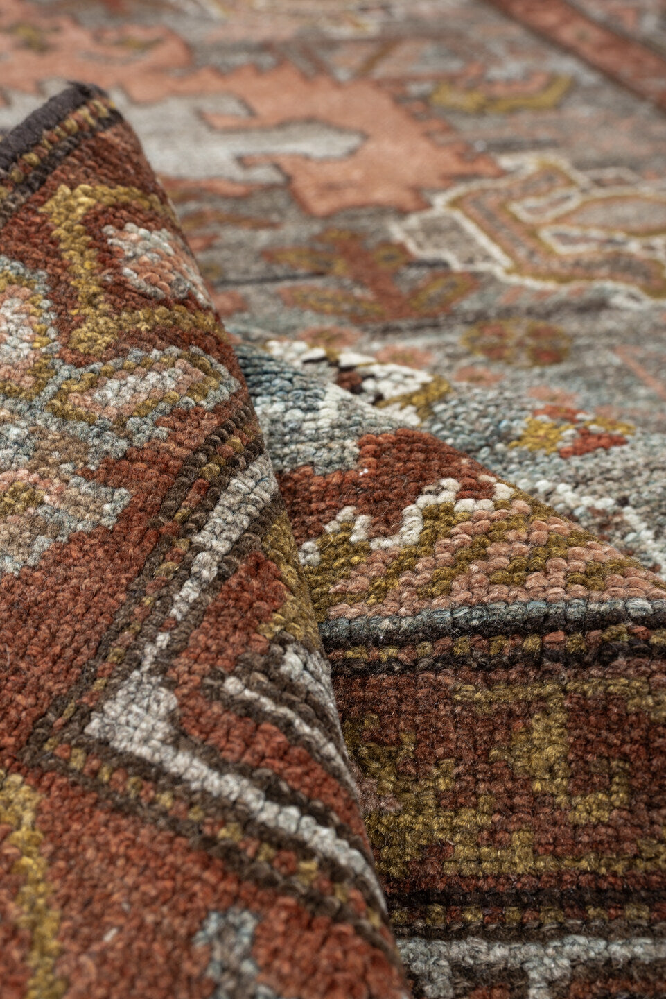 4' x 6' one-of-a-kind handmade antique Baktiary rug. Color palette: blue gray, rust, ivory, rose, taupe, camel, olive, brown