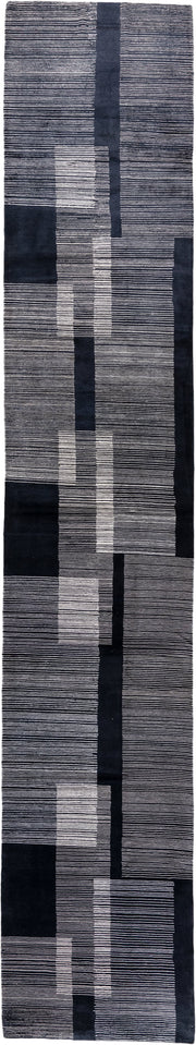 4' x 22' one-of-a-kind handmade antique Tibetan runner rug. Color palette: charcoal, slate, ivory, pewter, ebony, black