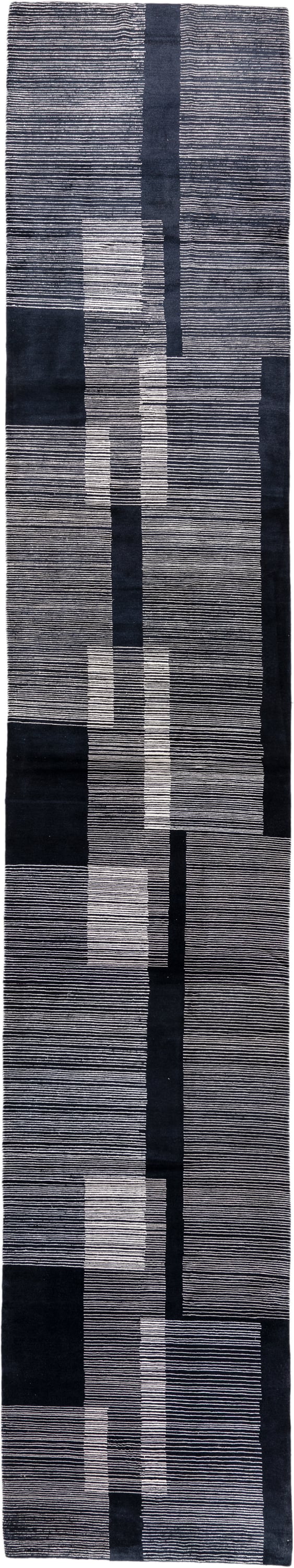 4' x 22' one-of-a-kind handmade antique Tibetan runner rug. Color palette: charcoal, slate, ivory, pewter, ebony, black