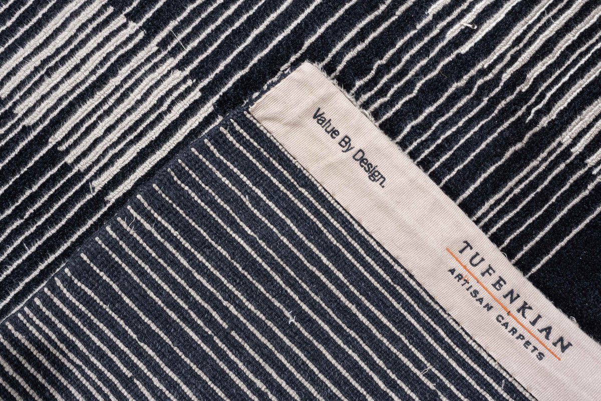 4' x 22' one-of-a-kind handmade antique Tibetan runner rug. Color palette: charcoal, slate, ivory, pewter, ebony, black
