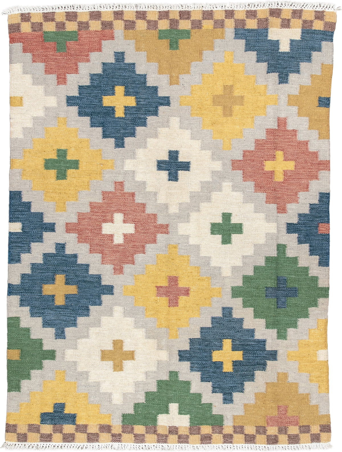 4' x 6' one-of-a-kind handmade antique Rollaken rug. Color palette: ivory, denim blue, yellow, sage green, dusty rose