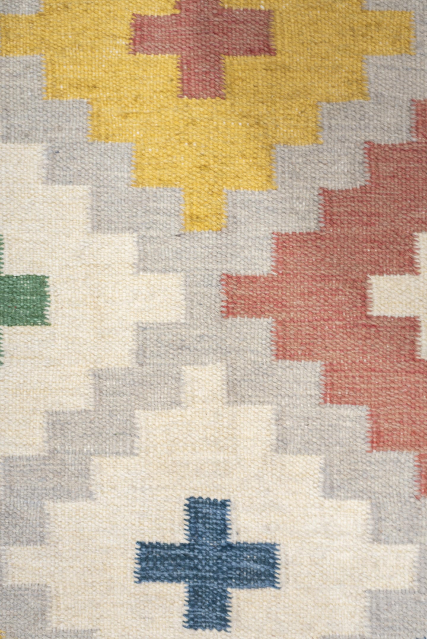 4' x 6' one-of-a-kind handmade antique Rollaken rug. Color palette: ivory, denim blue, yellow, sage green, dusty rose