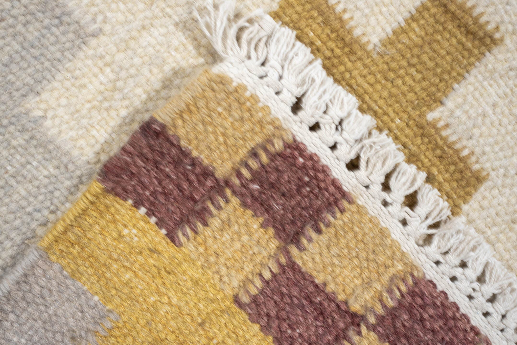 4' x 6' one-of-a-kind handmade antique Rollaken rug. Color palette: ivory, denim blue, yellow, sage green, dusty rose
