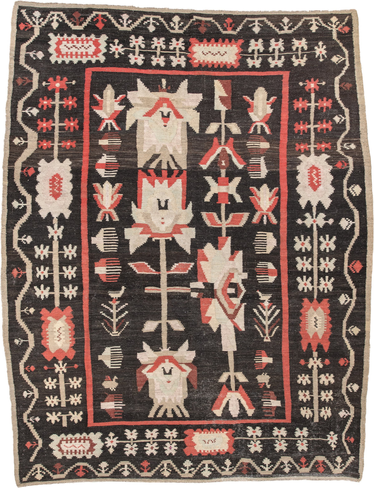 6' x 8' one-of-a-kind handmade antique Kilim rug. Color palette: charcoal, ivory, coral, rust, taupe, brown, black, gray