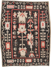 6' x 8' one-of-a-kind handmade antique Kilim rug. Color palette: charcoal, ivory, coral, rust, taupe, brown, black, gray