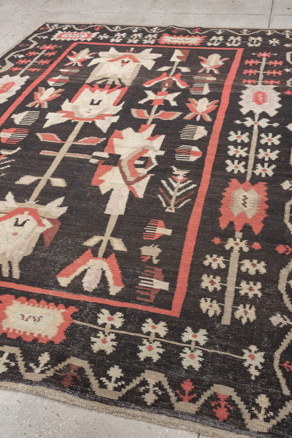 6' x 8' one-of-a-kind handmade antique Kilim rug. Color palette: charcoal, ivory, coral, rust, taupe, brown, black, gray
