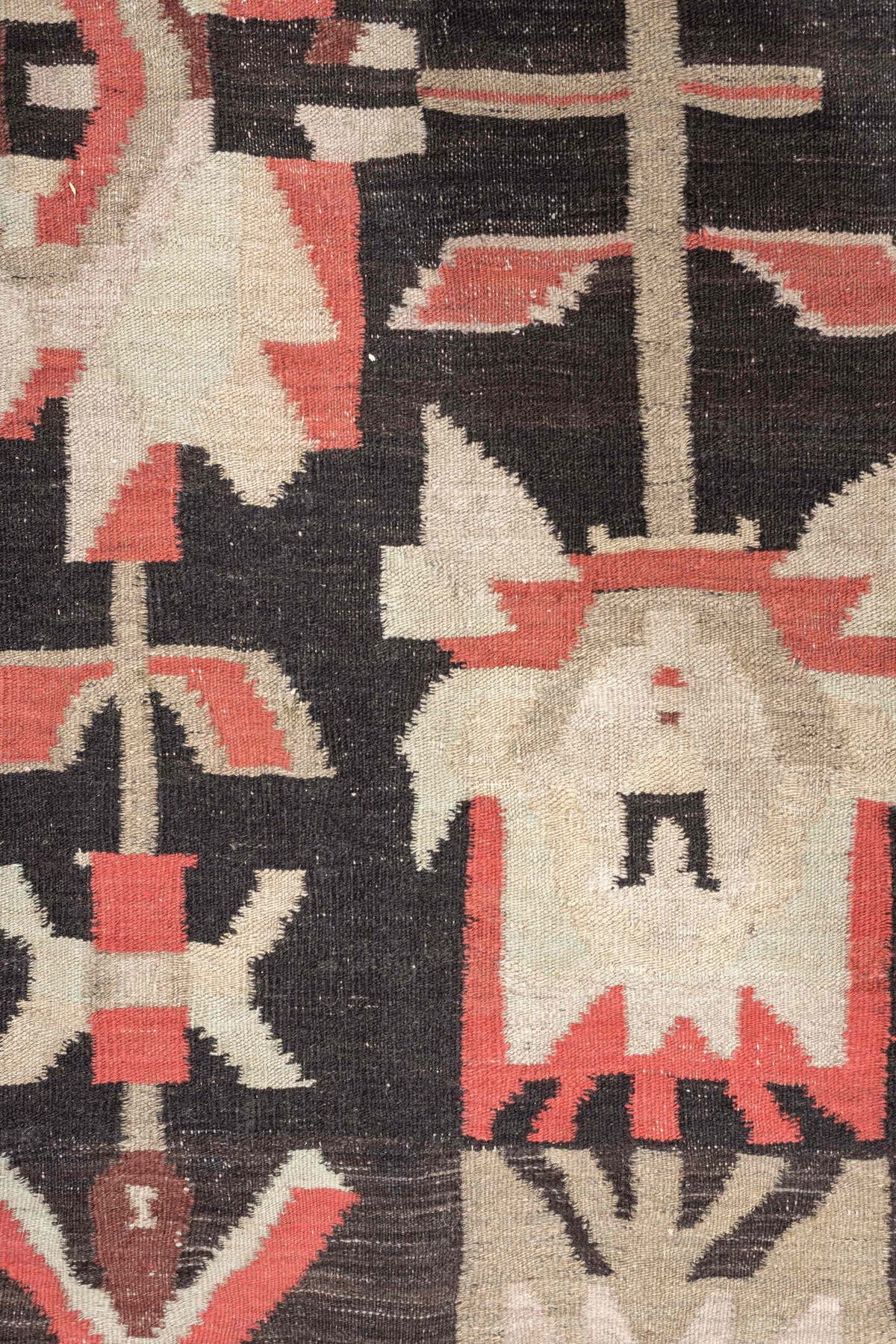 6' x 8' one-of-a-kind handmade antique Kilim rug. Color palette: charcoal, ivory, coral, rust, taupe, brown, black, gray